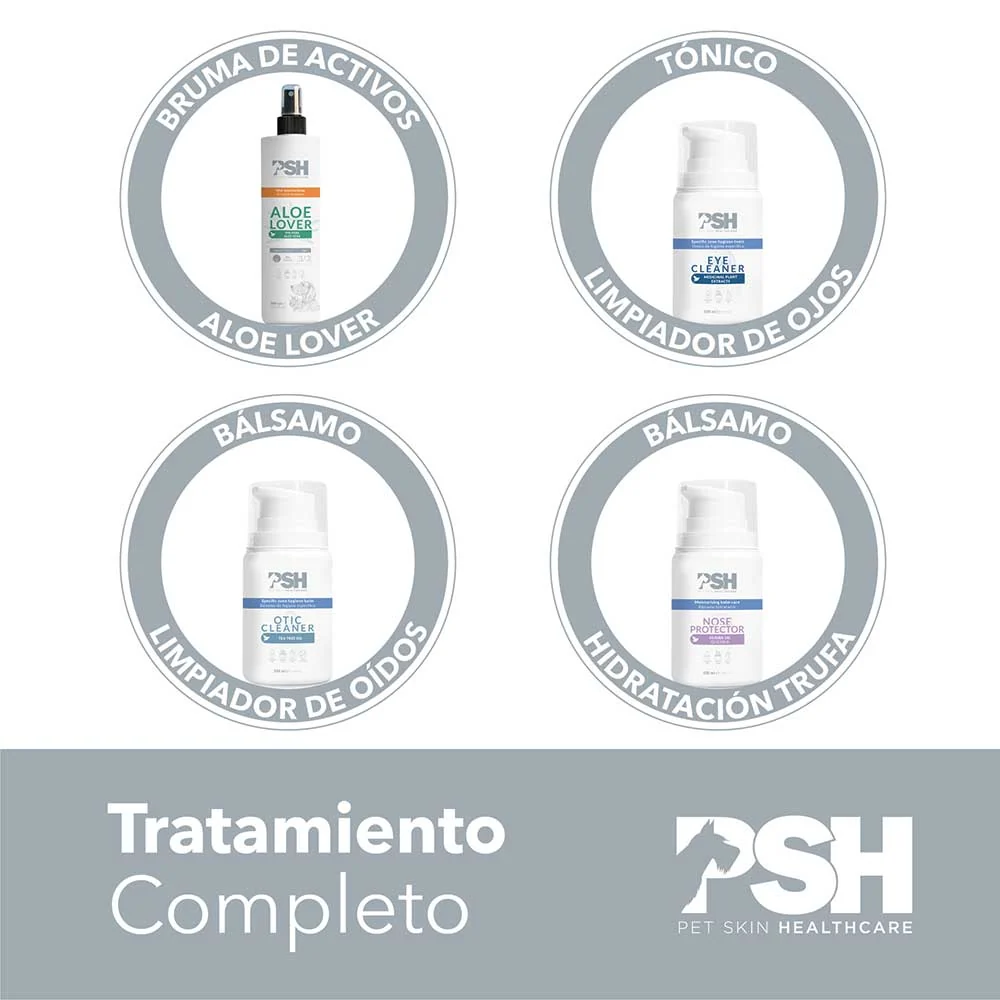 Produtos PSH PET SKIN HEALTHCARE para tratamento completo de pele em frascos brancos com etiquetas coloridas distintas.