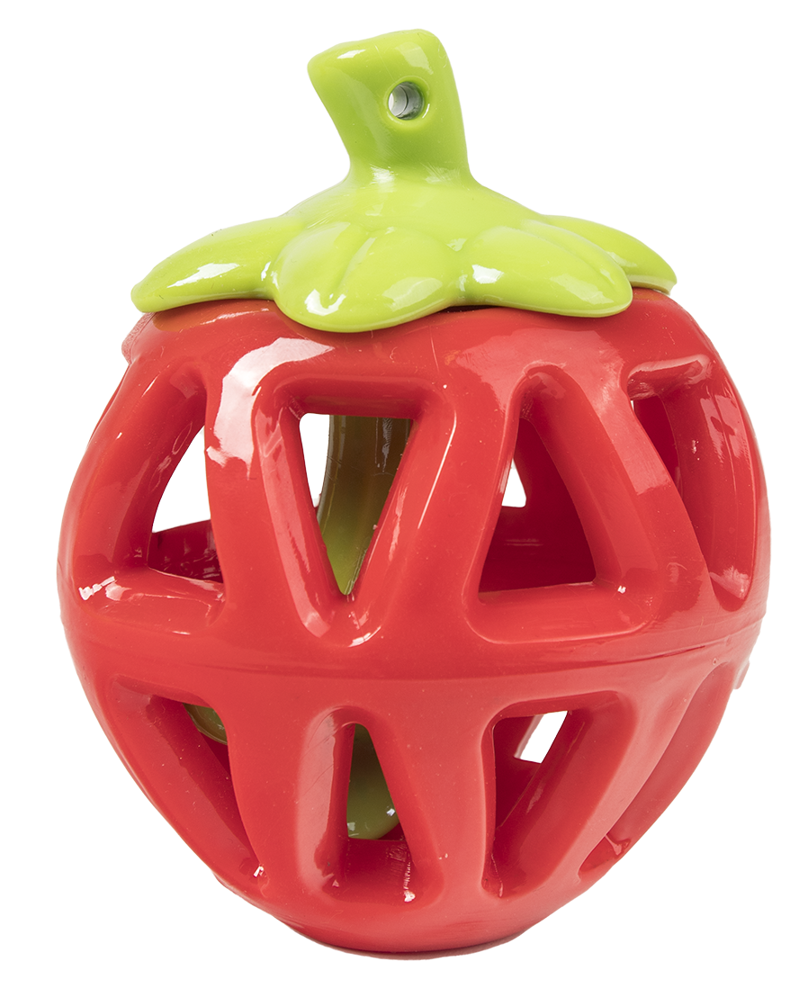 Objeto cerâmico em forma de morango vermelho com folhas verdes no topo