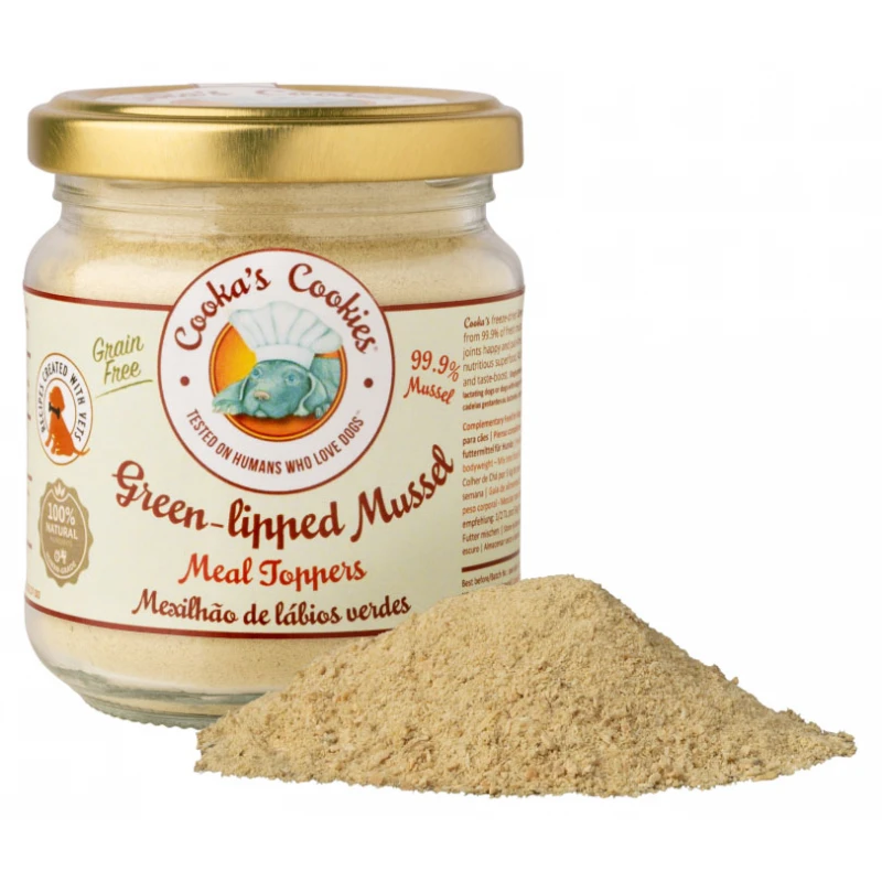 Frasco de vidro com pó bege chamado Green-lipped Mussel Meal Toppers para cães.