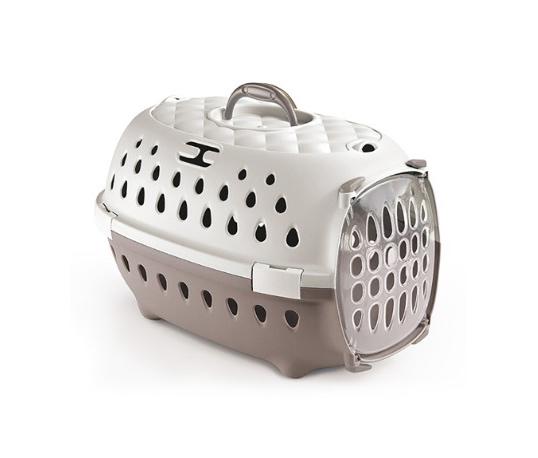 Transportadora de animais de plástico branca e bege com porta frontal transparente