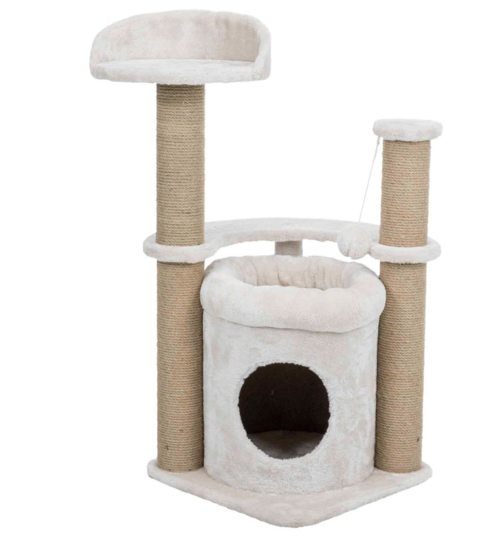 Arranhador de gato com colunas revestidas de sisal e plataformas almofadadas