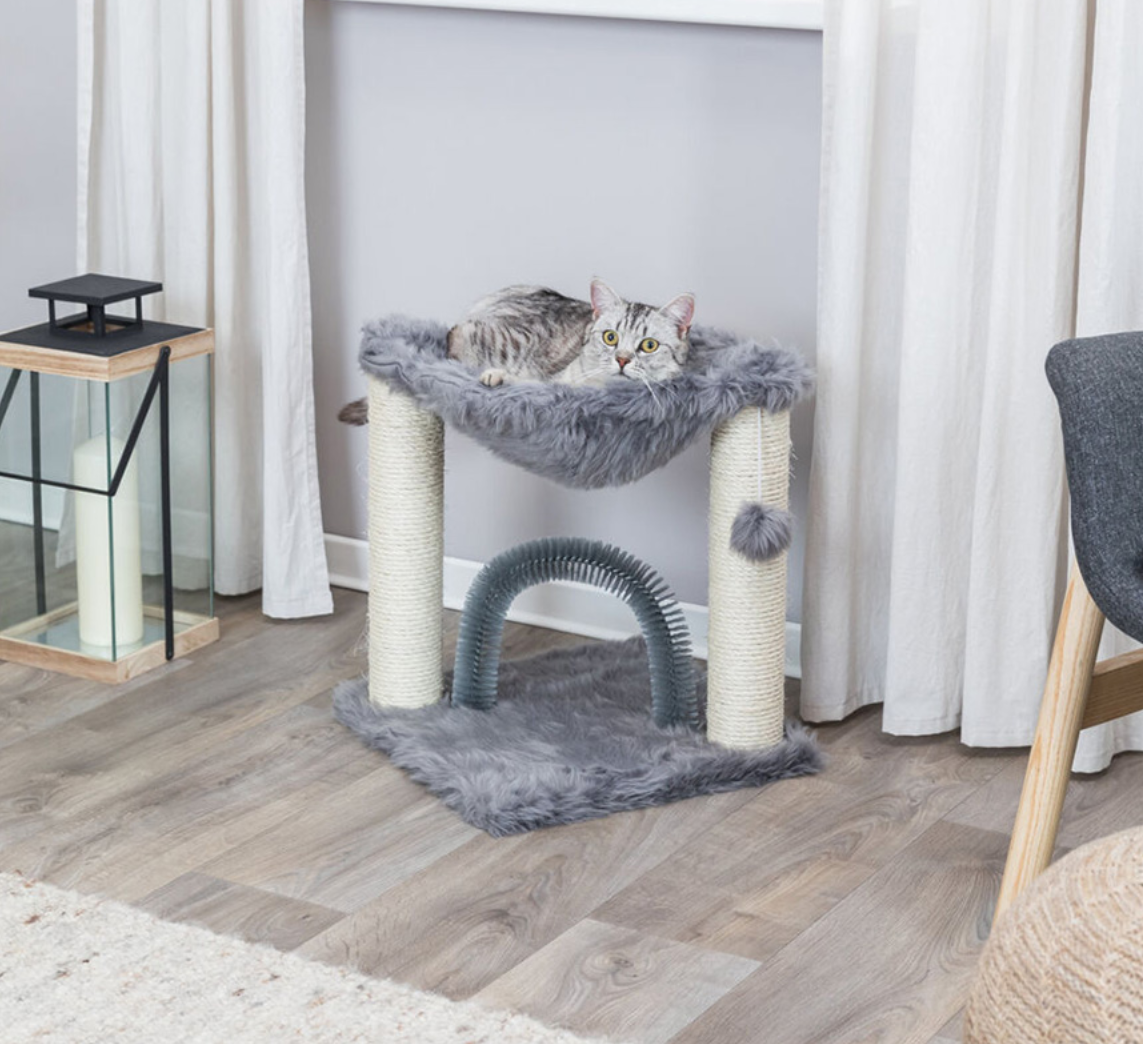 Arranhador de gato cinza com postes de sisal, brinquedo pendurado e arco flexível, com gato em cima