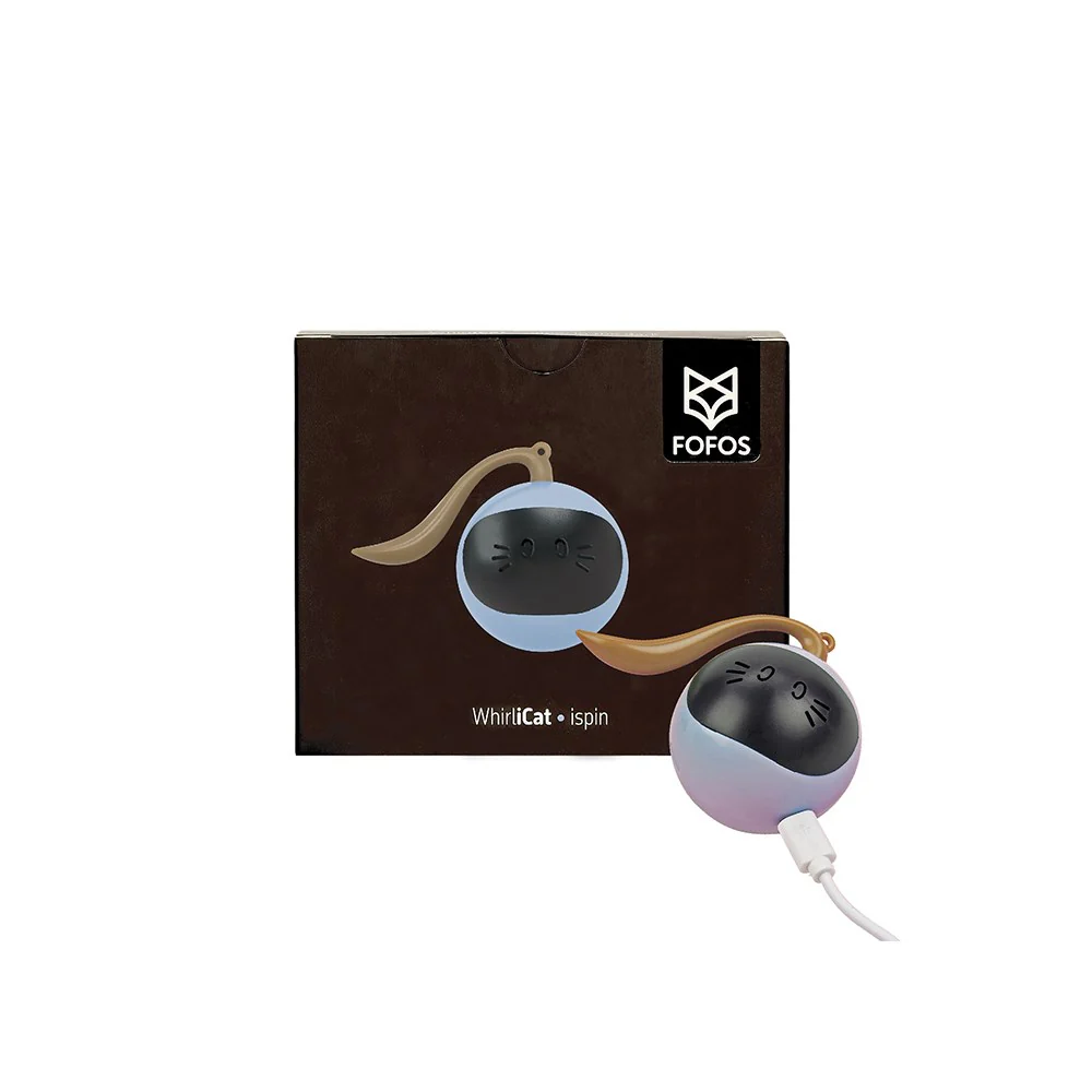 Produto eletrônico em formato de gato com cabo USB junto à embalagem preta com logo FOFOS