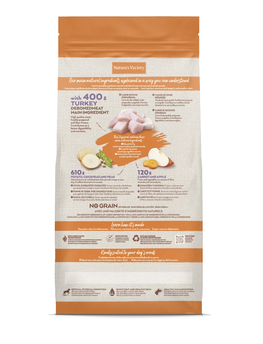 Pacote de comida para animais Natures Variety com ingredientes naturais e texto em inglês