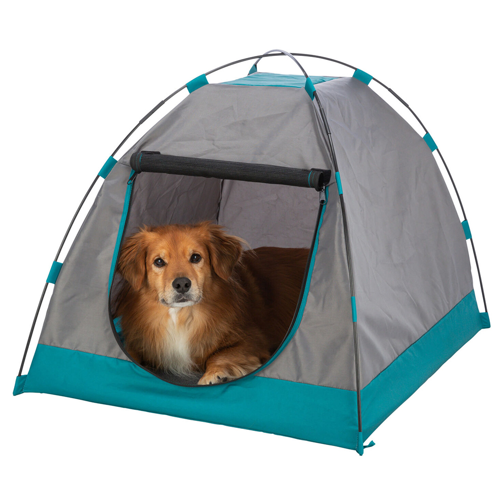 Tenda para cães cinza e azul com cão no interior