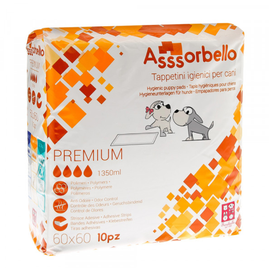 Embalagem branca com padrão geométrico laranja e amarelo, texto Assorbello e desenho de cães