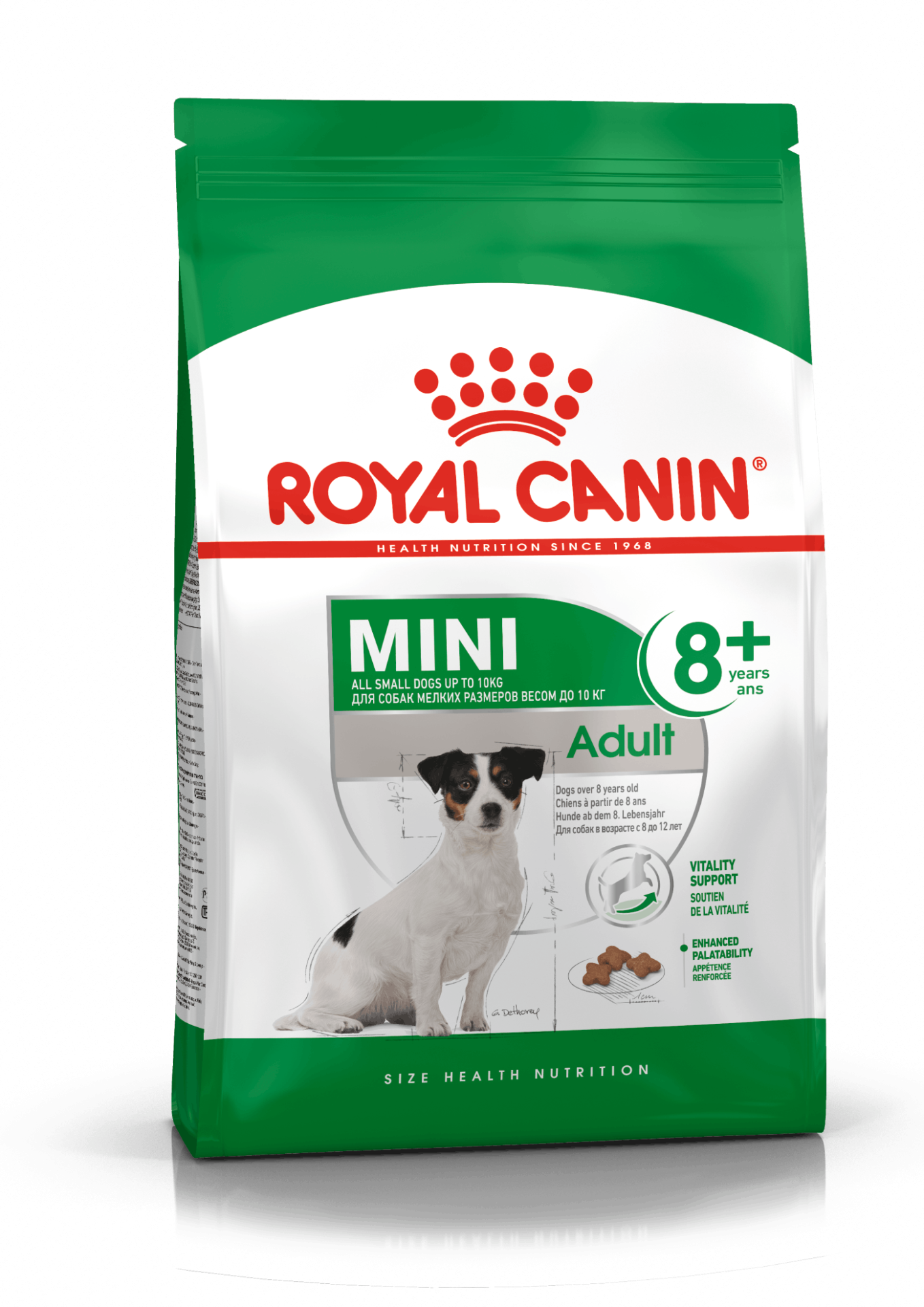 Pacote verde e branco de ração Royal Canin Mini Adult 8+ anos para cães pequenos