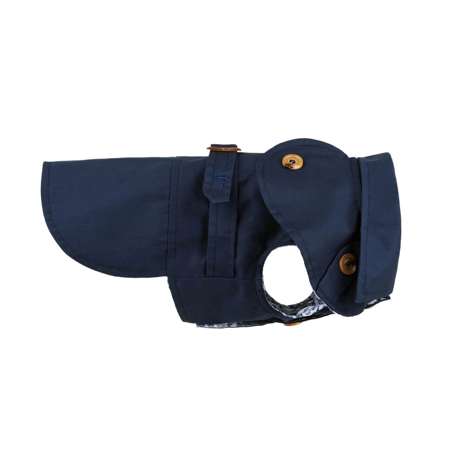 Casaco azul escuro para cão com botões e cinto decorativo.