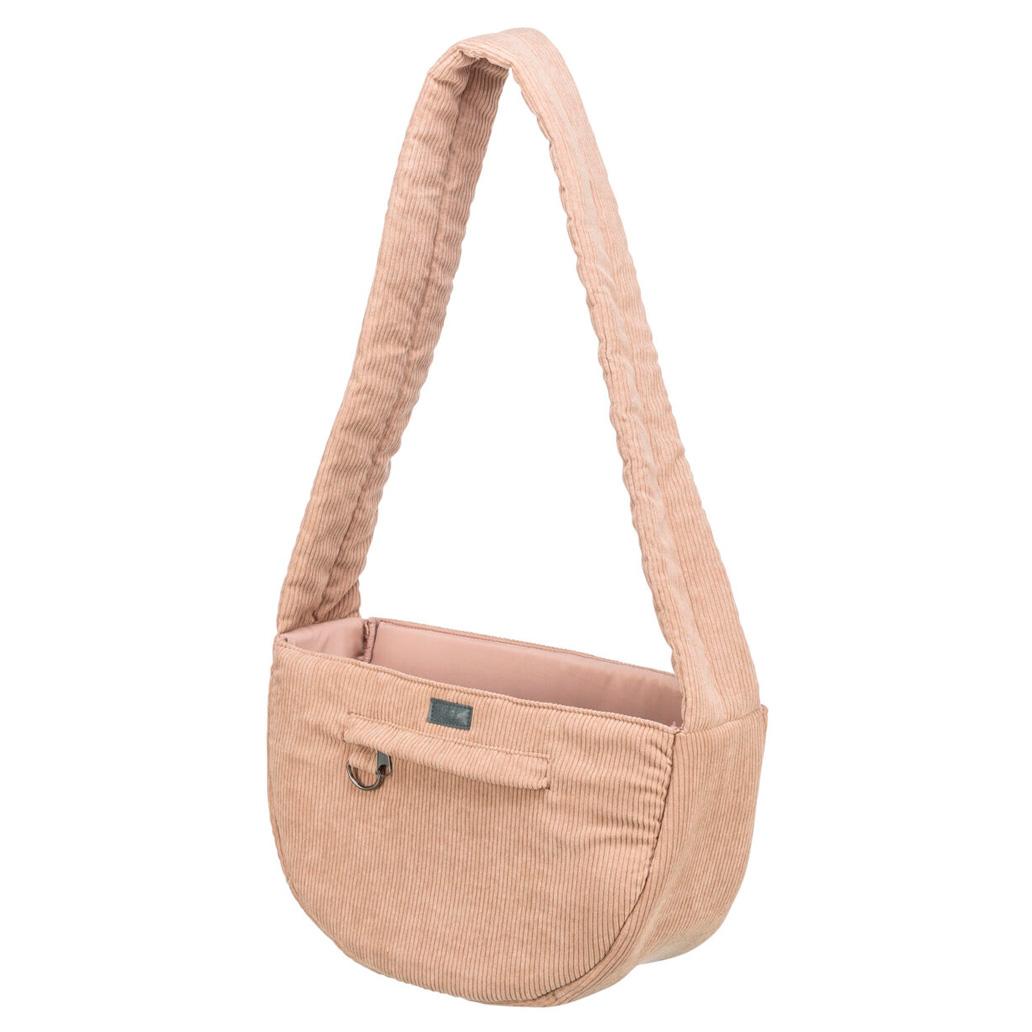 Mala de ombro bege claro de tecido corduroy com alça larga acolchoada.