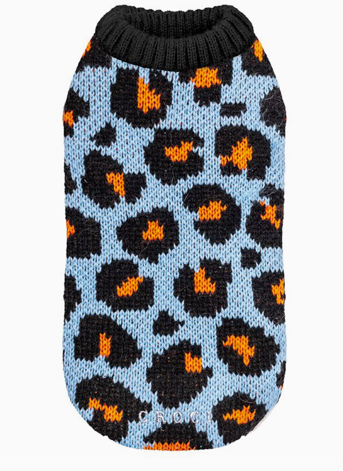 Suéter de malha para cão com padrão animal print azul, preto e laranja.