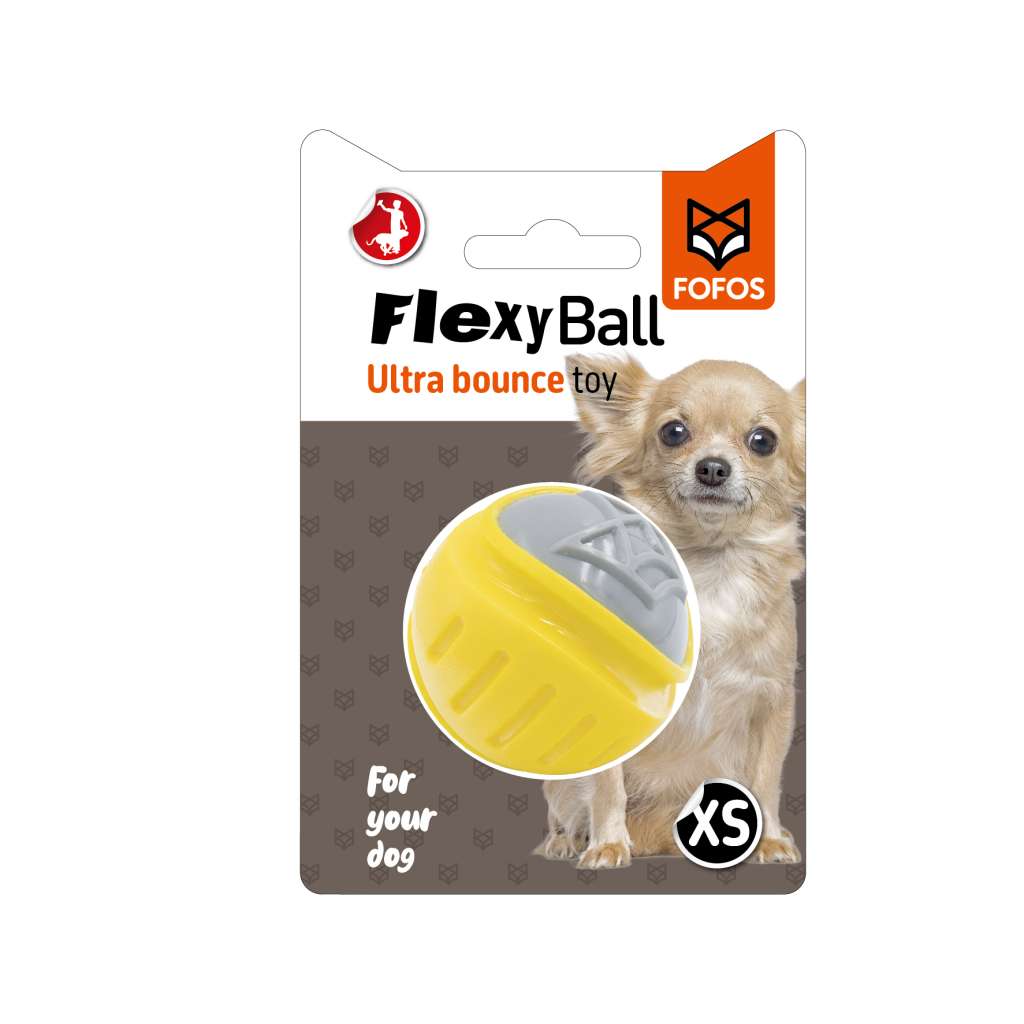 Brinquedo para cão FlexyBall XS ultrarrebote em embalagem com cão