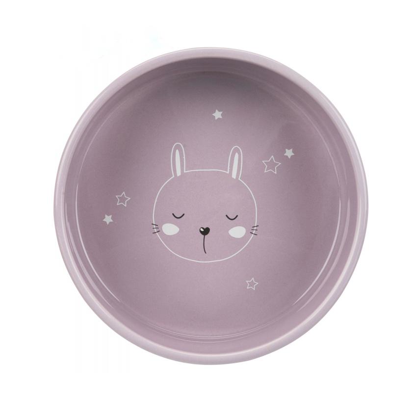 Prato lilás com desenho de coelho e estrelas