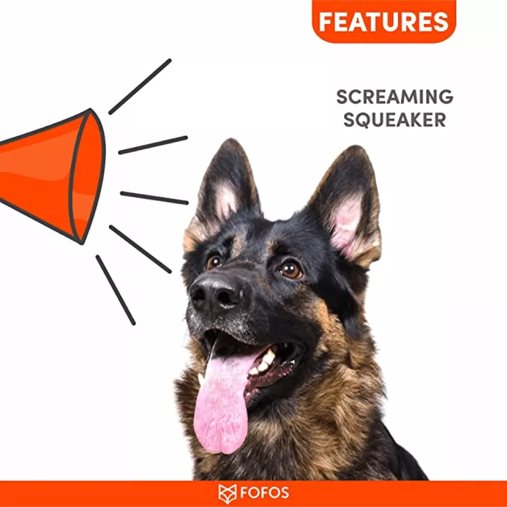 Cão pastor-alemão ao lado de megafone desenhado com texto FEATURES e SCREAMING SQUEAKER