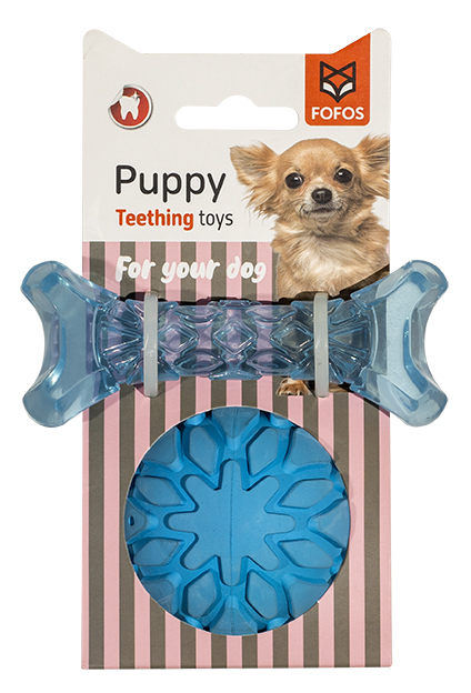 Brinquedo para cachorro azul translúcido em embalagem com foto de cão