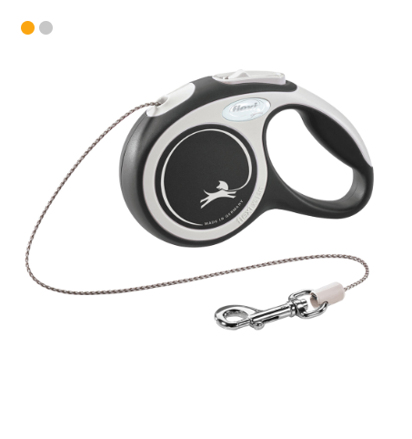 Trela retrátil para cachorro preta e cinza com cabo de aço e gancho metálico