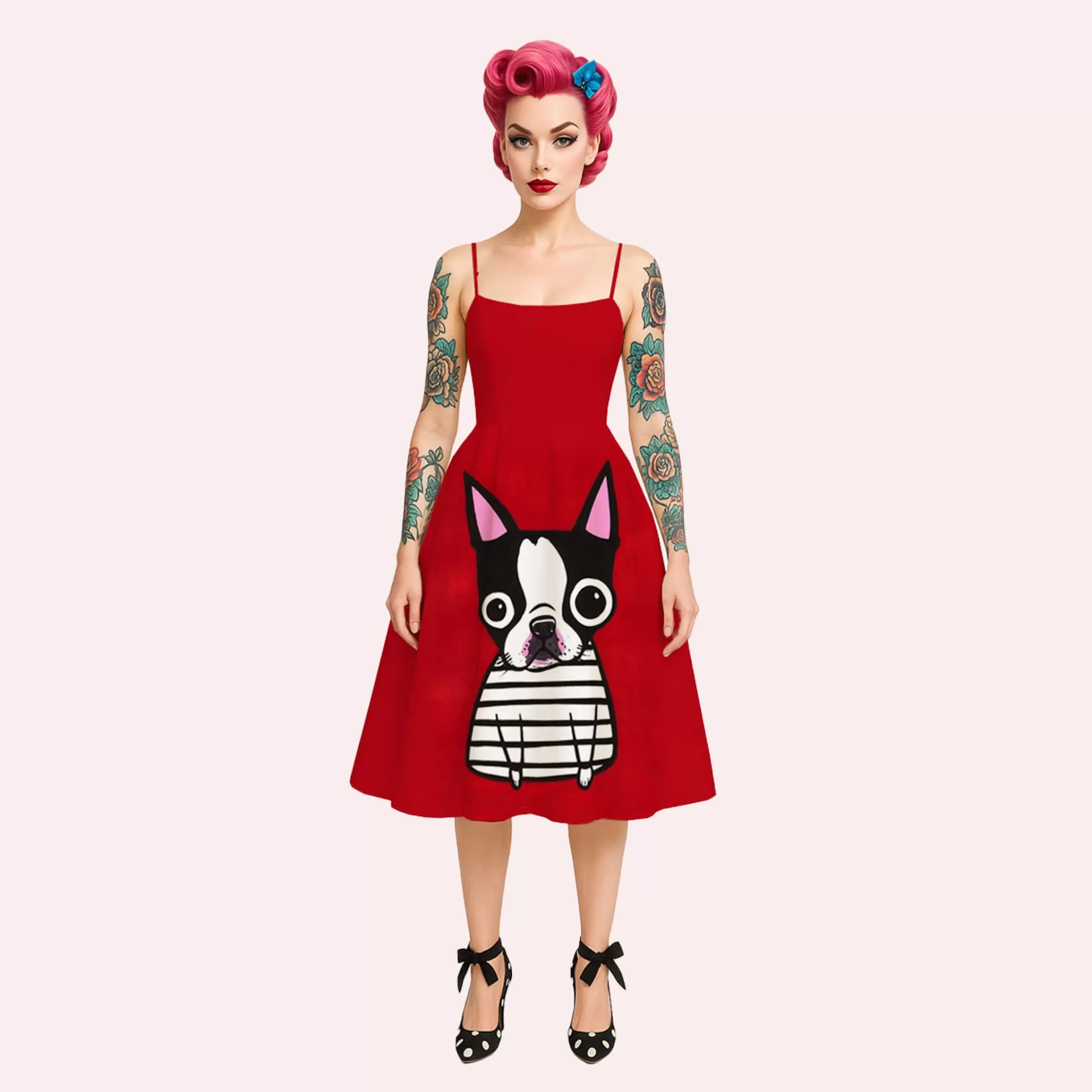 Vestido vermelho com estampa de cão preto e branco e alças finas