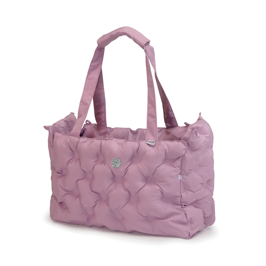 Mala rosa acolchoada com alças duplas e botões metálicos