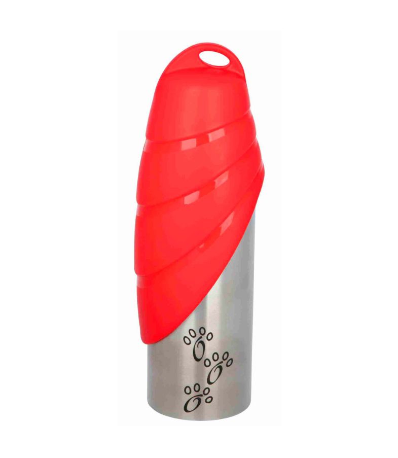 Garrafa de água prateada com tampa vermelha e pegadas de gato