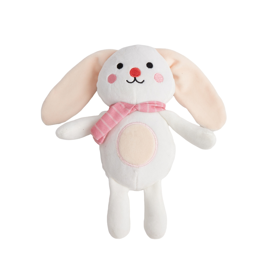 Pelúcia de coelho branco com orelhas cor de rosa e cachecol rosa às riscas