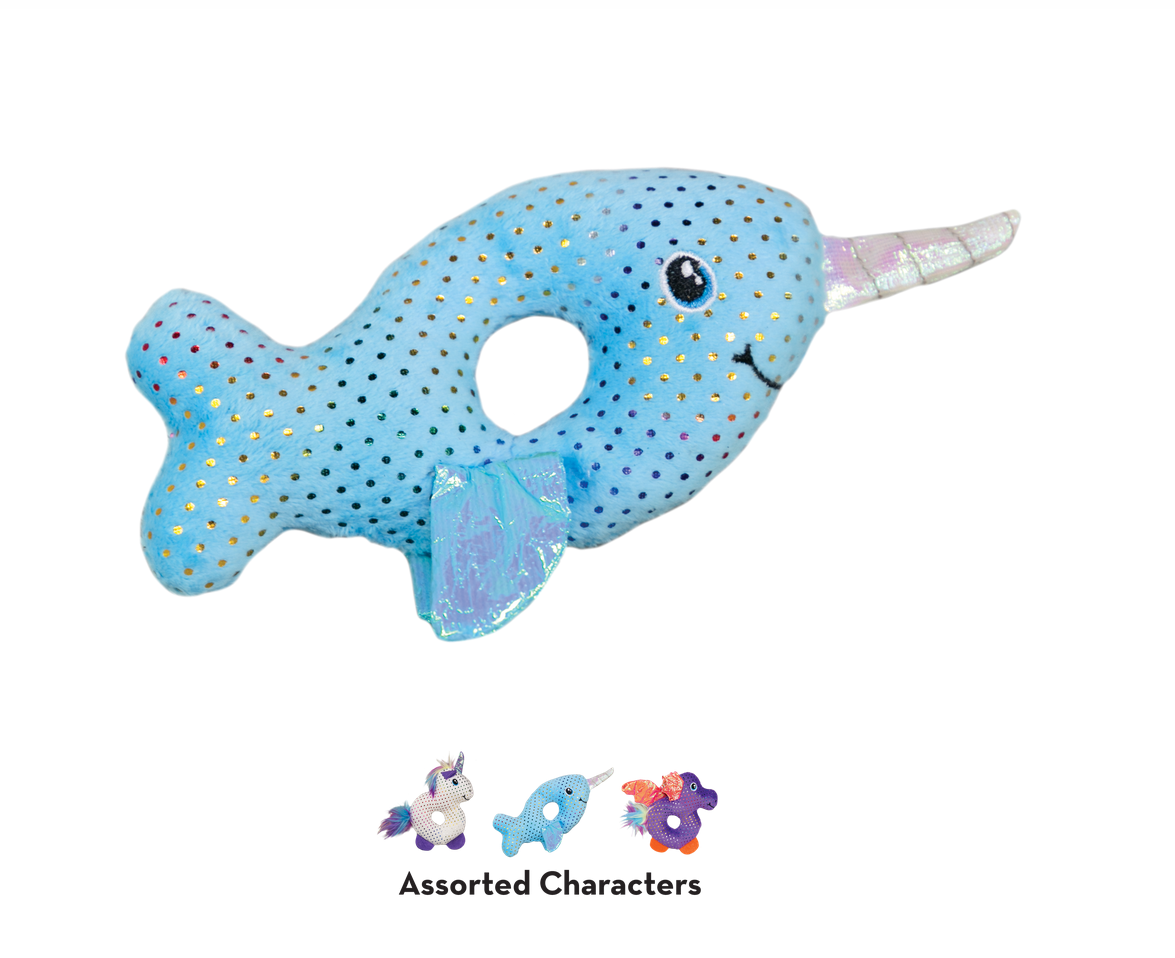 Peluche narval azul claro com pontos dourados e chifre prateado