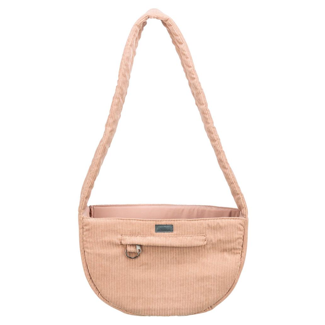 Bolsa de ombro rosa em veludo cotelê com bolso e alça acolchoada