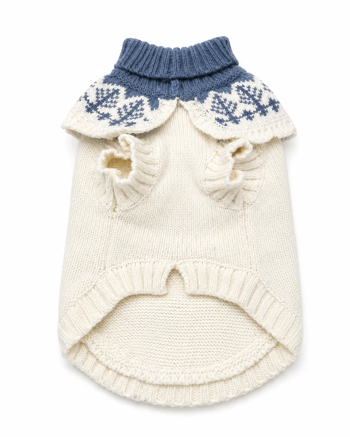 Camisola de malha azul e branca para cão com gola alta e padrão de folhas.