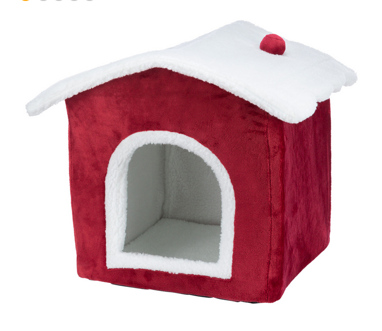 Casota para animais de estimação vermelha e branca com telhado inclinado