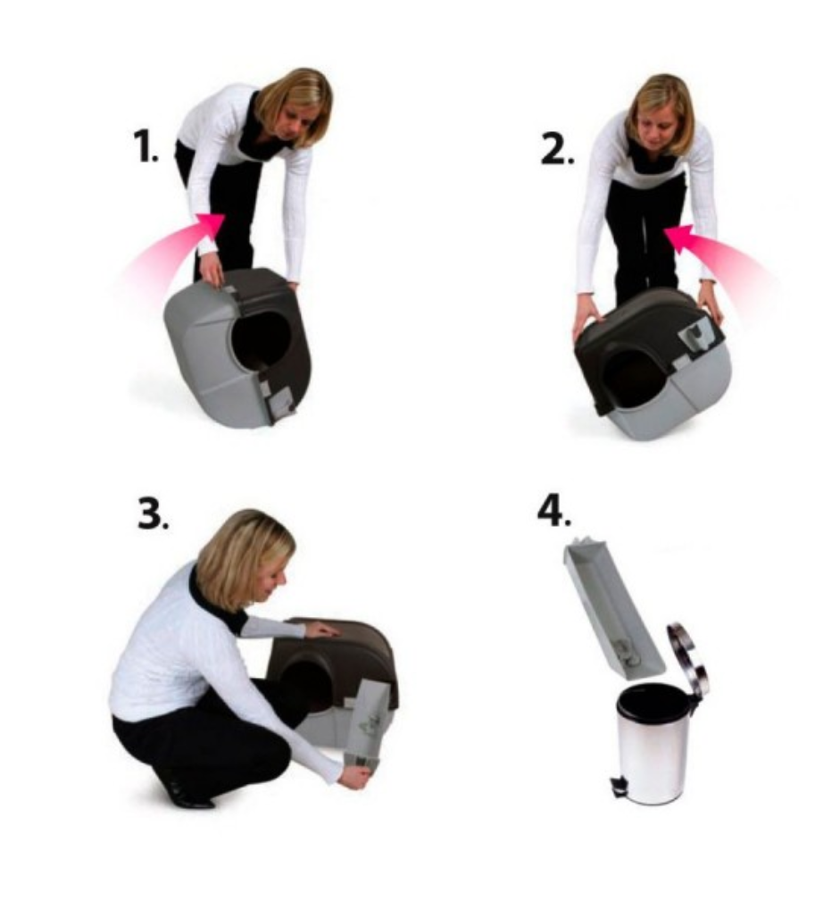 Sequência de quatro imagens mostrando uma mulher a desmontar uma casa de gato cinzenta com balde metálico