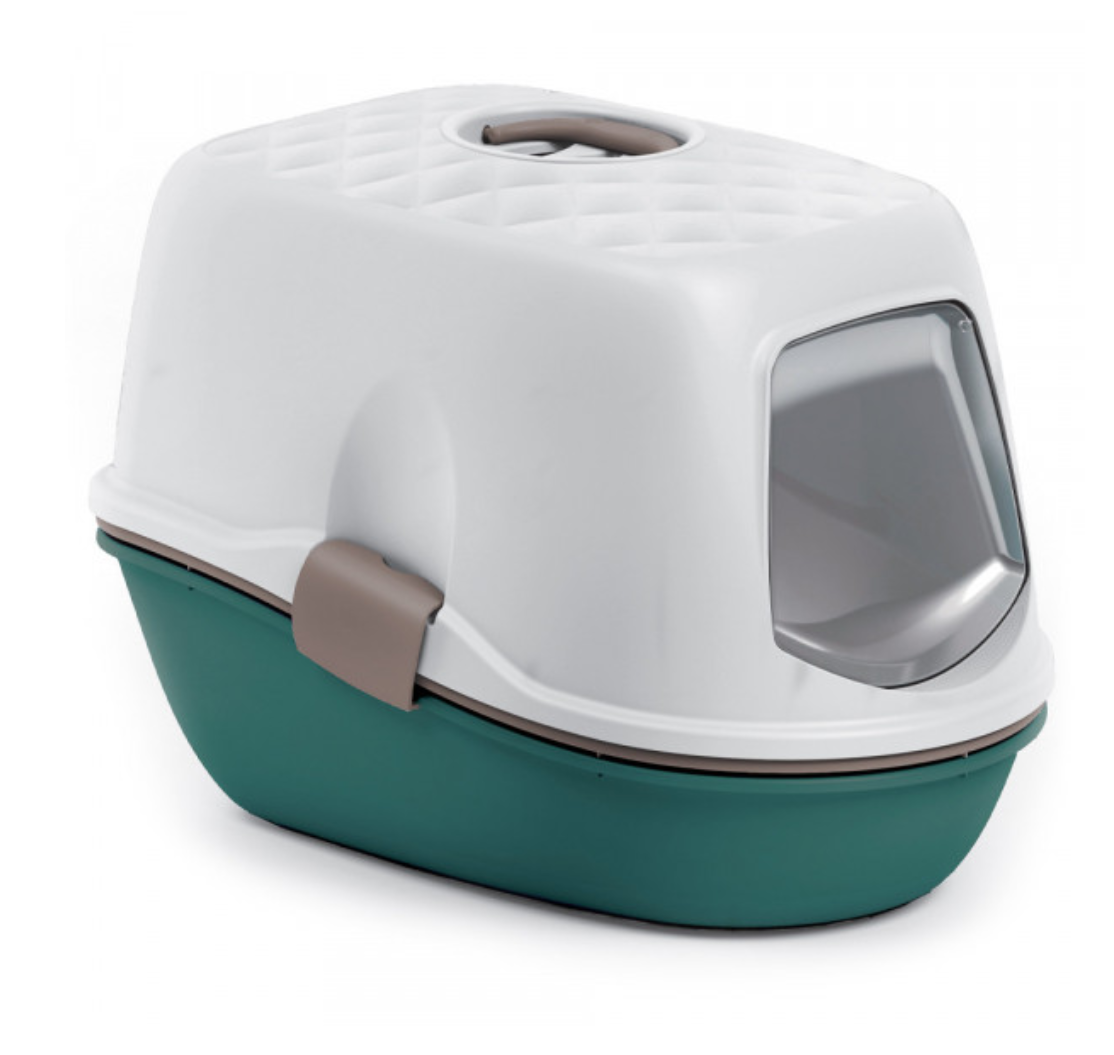 Caixa de areia para gatos em plástico branco e verde água com tampa acolchoada e porta cinza