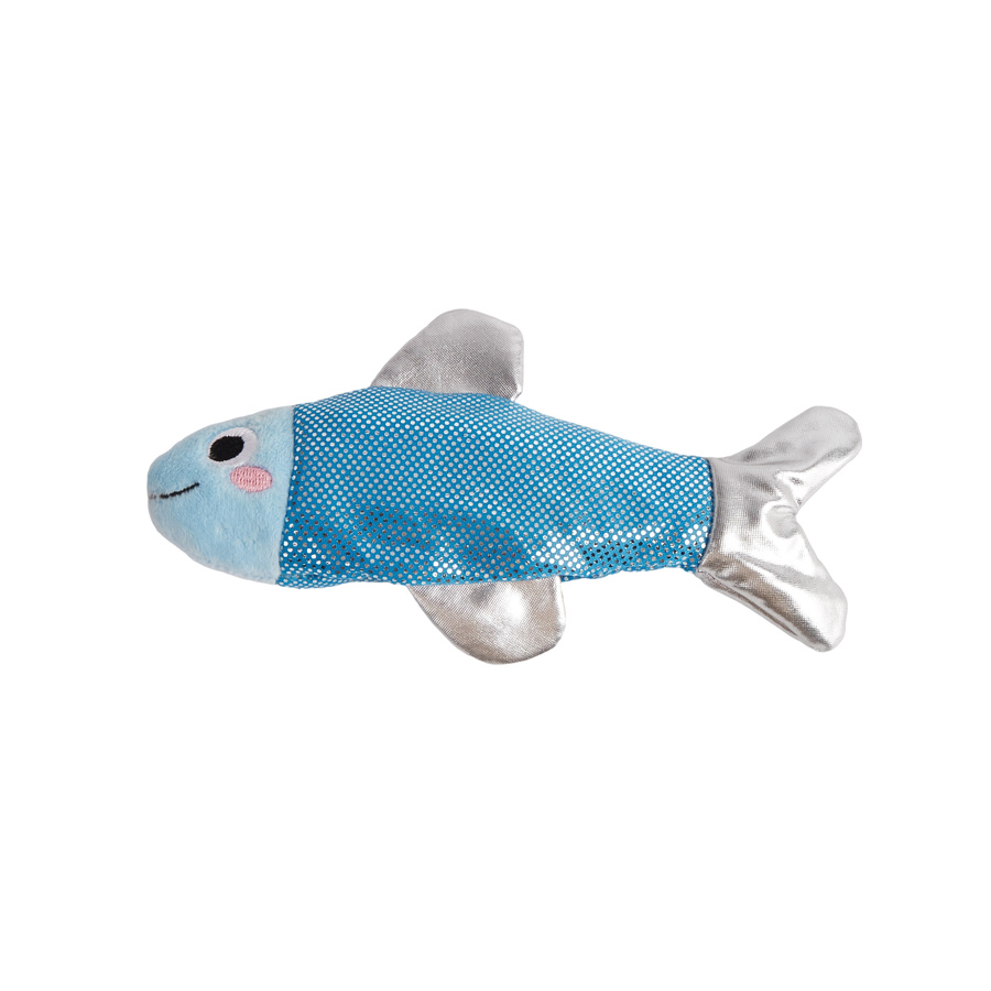 Brinquedo de pelúcia em forma de peixe azul com padrão branco e nadadeiras prateadas