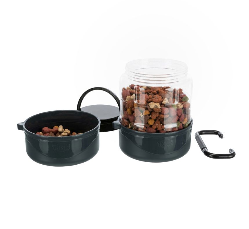 Conjunto para transportar comida de animais com recipiente transparente e tampa preta.