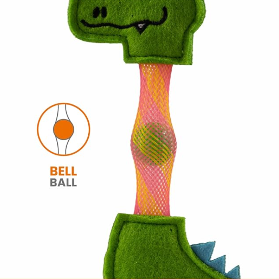 Brinquedo para cães de feltro verde com bola em rede cor-de-rosa e laranja