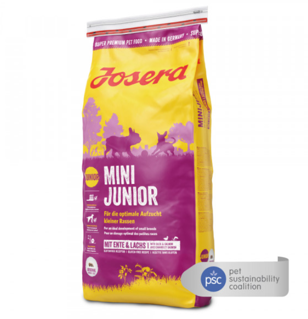 Saco de ração Josera Mini Junior para cães, amarelo e roxo.