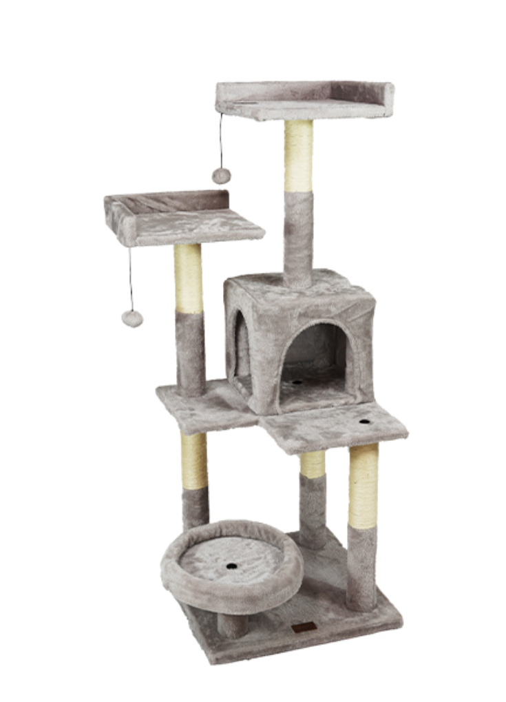 Arranhador para gatos cinzento com várias plataformas e bolas pendentes