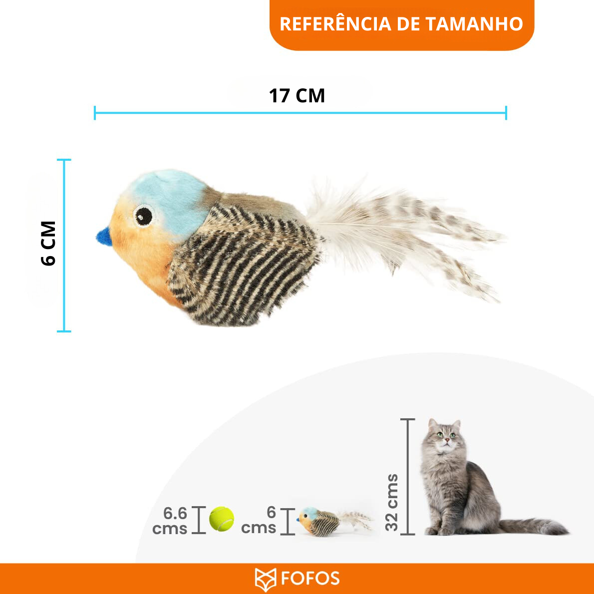 Pássaro decorativo para gatos, com penas e dimensões de 17x6 cm, ao lado de uma bola verde e um gato cinza.