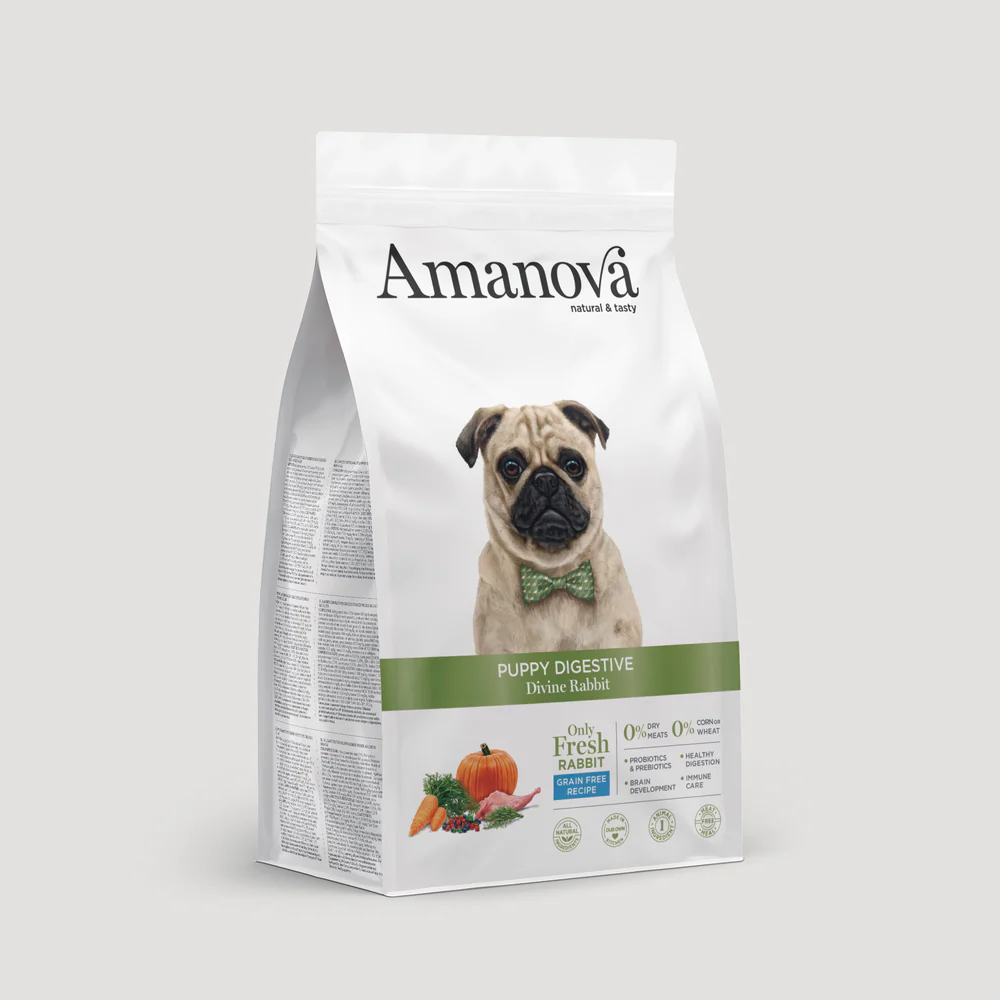 Pacote branco de ração para filhotes com imagem de cão pug e texto Amanova