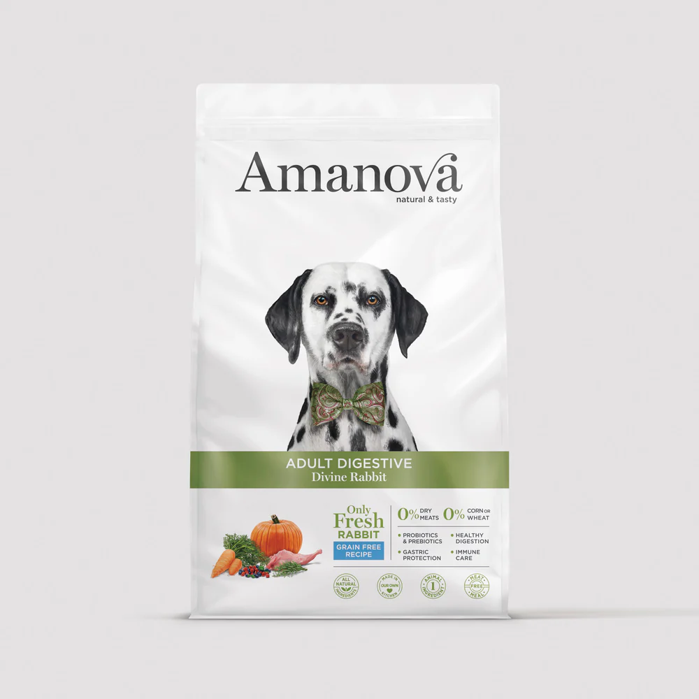 Saco de ração para cães Amanova com dálmata e texto informativo