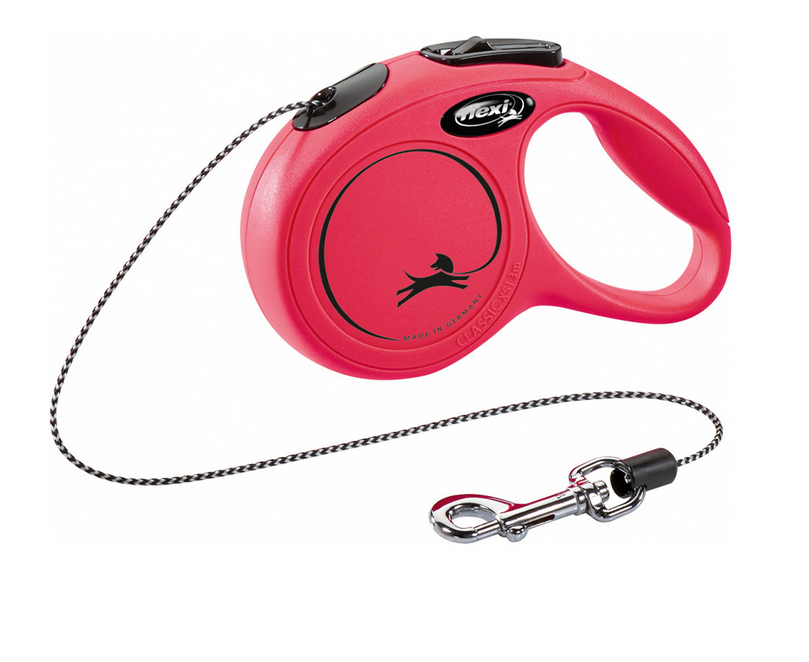 Trela retrátil vermelha para cães com gancho metálico e marca Flexi