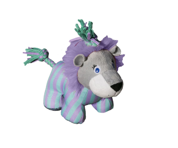 Pelúcia de leão com corpo riscado verde e lilás, crina roxa e olhos azuis