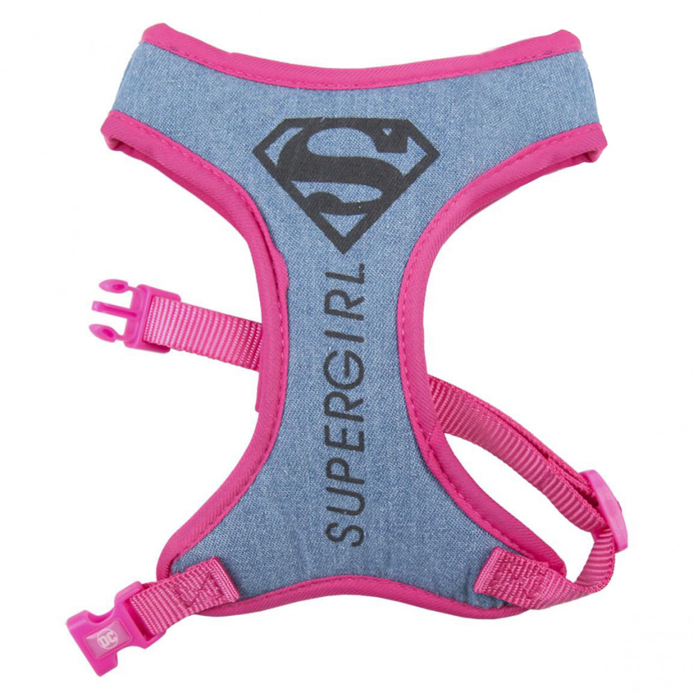 Peitoral para cão azul com rosa, logo Superman e texto SUPPERGIRL
