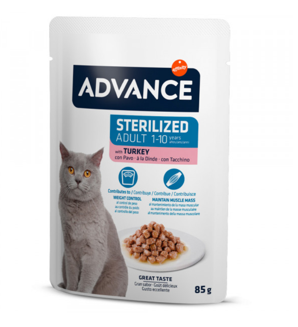 Embalagem de comida para gatos sterlilized adulto com peru