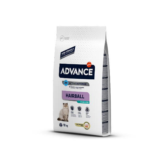 Saco branco de comida para gatos Advance Hairball Sterilised com 10 kg