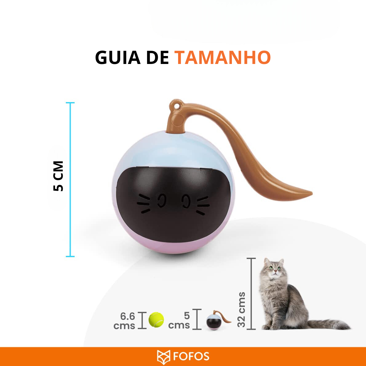 Brinquedo de gato em forma de bola com rosto pintado, guia de tamanho mostrando medidas em cm e comparação com gato real