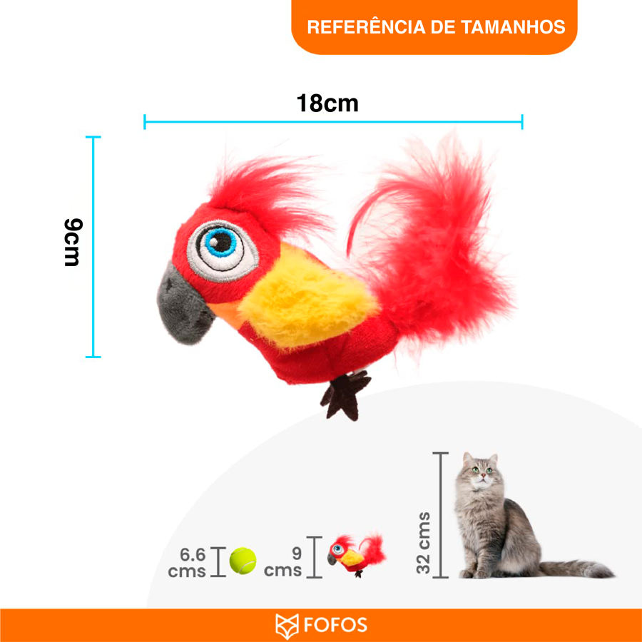 Brinquedo de pássaro para gato vermelho com penas, medidas e referência de tamanho