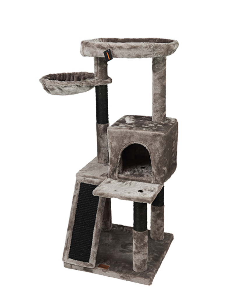 Arranhador cinzento para gatos com cama suspensa, rampa, casa e plataformas