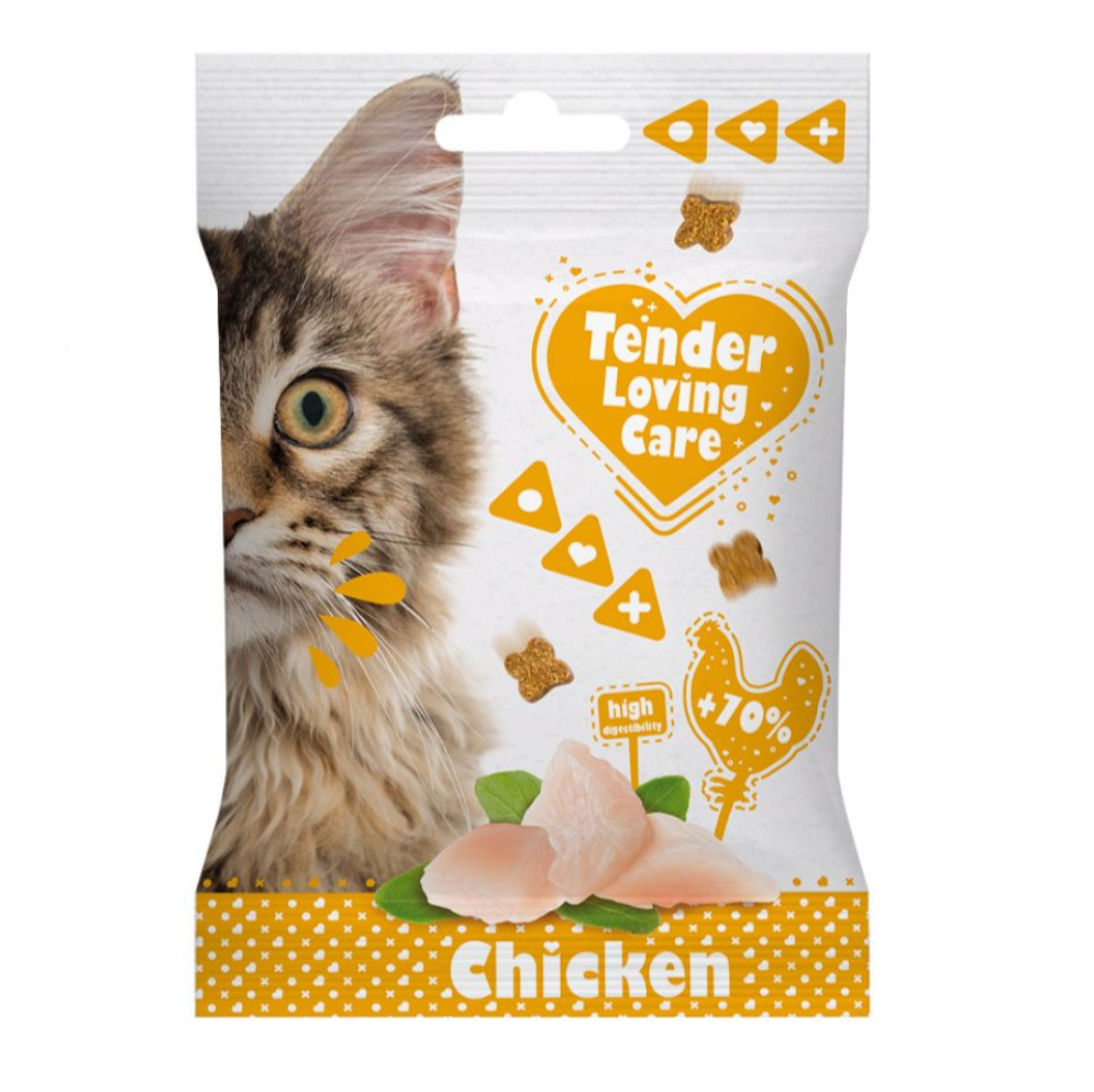 Embalagem de petisco para gatos, branco e amarelo, com imagem de gato e ingredientes de frango.