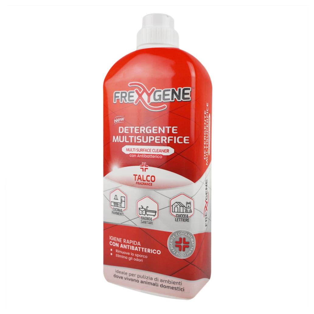 Frasco vermelho e branco de detergente multisuperfície FREXYGENE com tampa branca