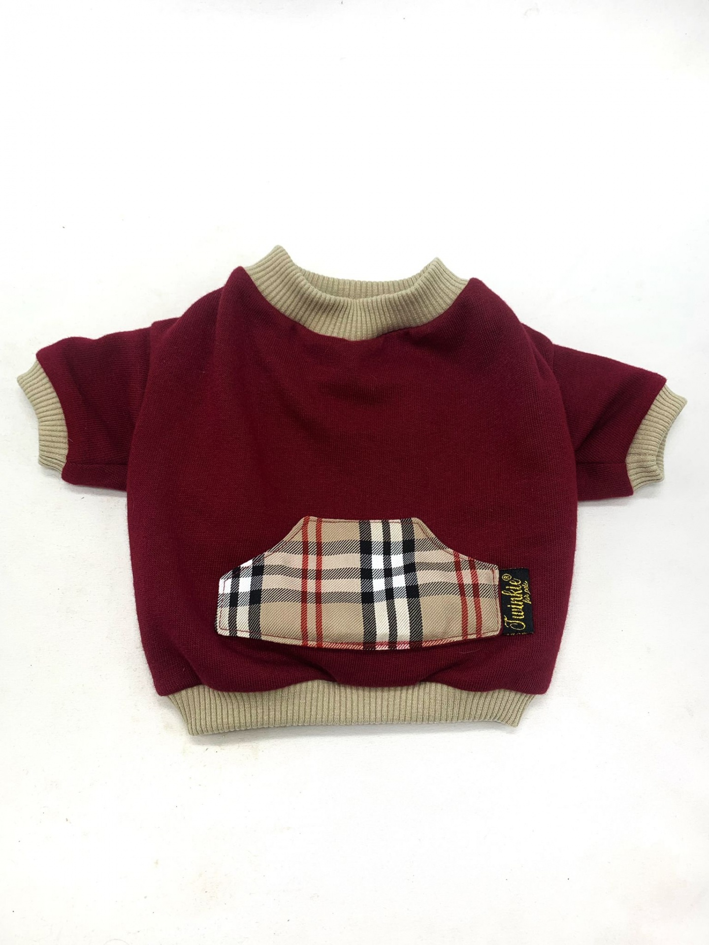 Camisola de malha bordeaux para cão com bolso xadrez bege