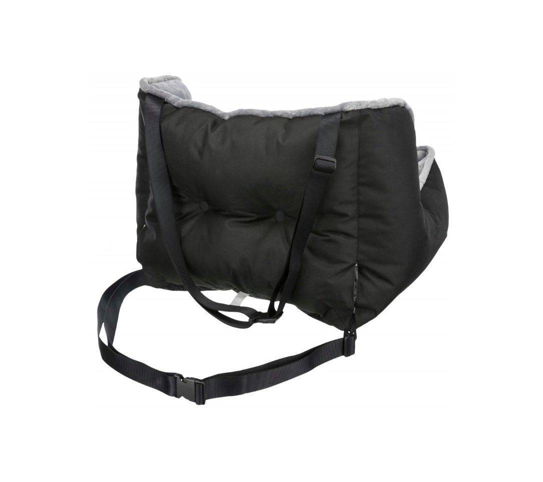 Transportadora almofadada para animais preta com interior cinza e alças ajustáveis