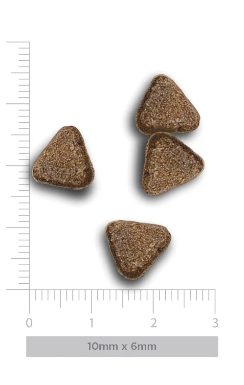 Comprimidos triangulares castanhos sobre fundo branco com escala de medição
